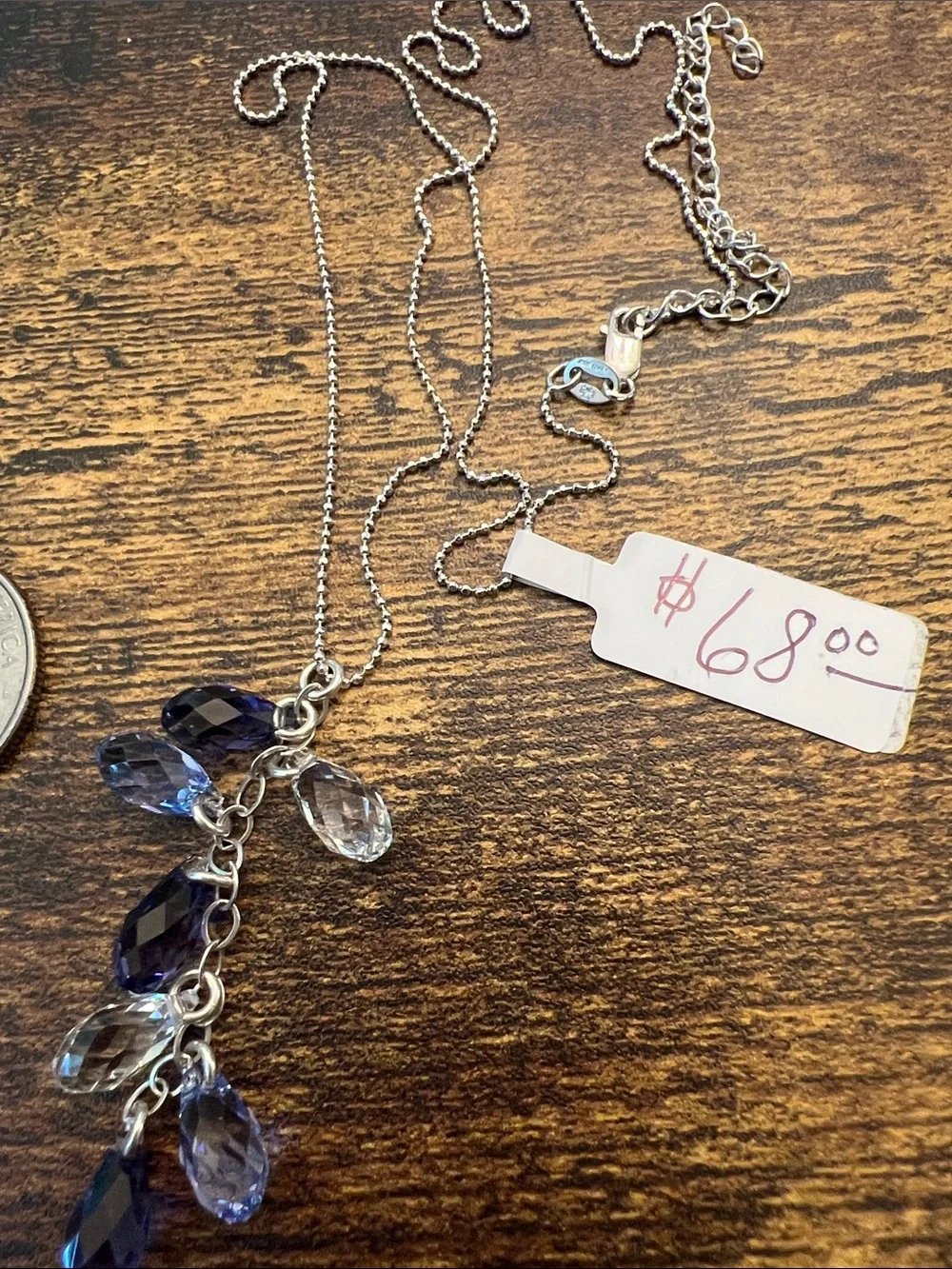 Sterling Silver Necklace with purple  and Clear Faceted Teardrop Charms